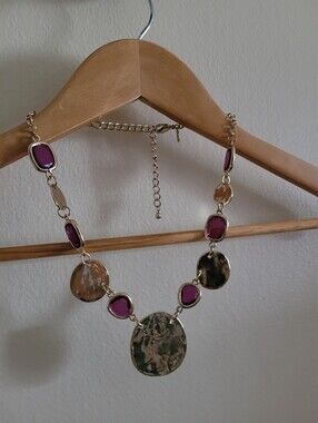 Express Gold Medallion and Plum Geometric Necklace